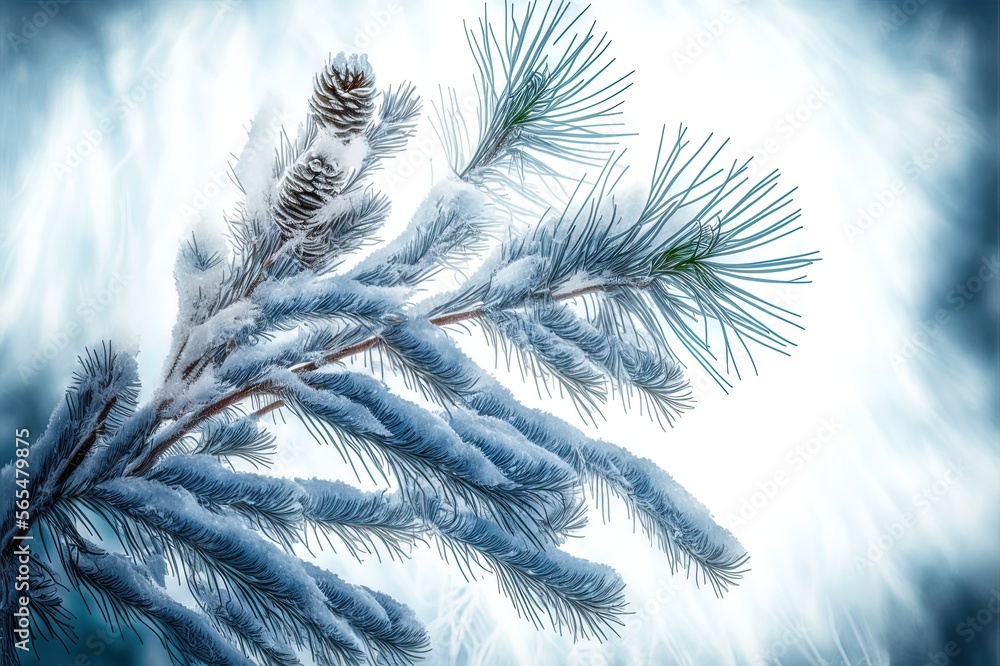 Poster background of a pine branch covered with frost, wintertime generative ai