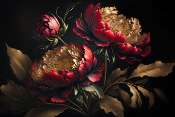 Fresh romantic red peony flower background with green leaves and golden elements