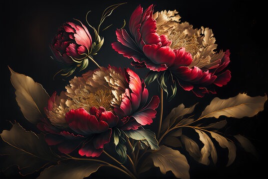 Fresh romantic red peony flower background with green leaves and golden elements