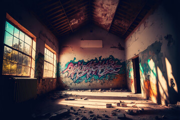 Abandoned building interior with various graffiti on the wall, Generative Ai - obrazy, fototapety, plakaty
