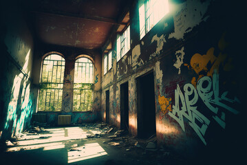 Abandoned building interior with various graffiti on the wall, Generative Ai