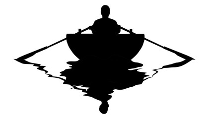 A person is seen silhouetted and reflected in the water as he or she rows a small boat on a transparent background. © Rob Goebel