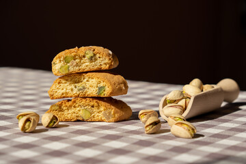 Biscotti Cantuccini Cookie Biscuits with pistachios and lemon peel Shortbread. Healthy eating food....