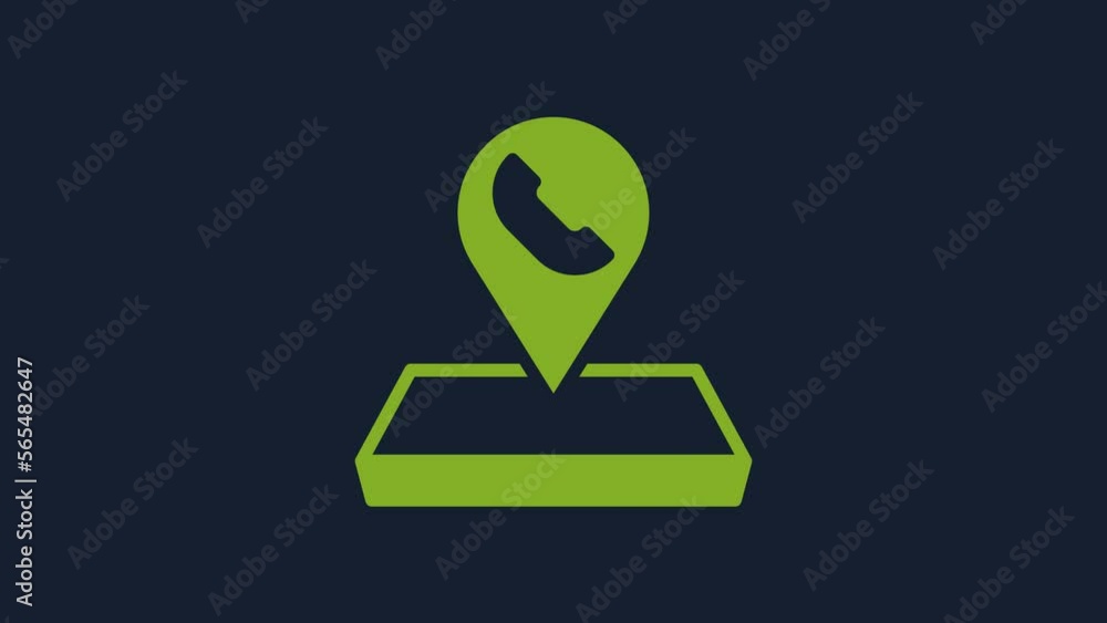 Poster yellow map pointer with telephone or communication icon isolated on blue background. call center loc