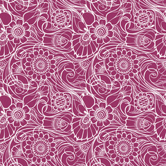 white seamless pattern on a bright pink background, floral repeating pattern, mahendi oriental motifs, white outline