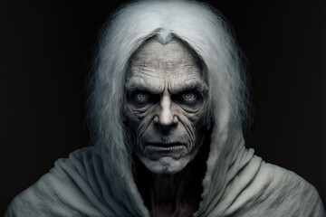 Portrait of a ghostly old man on black background created with Generative AI technology.