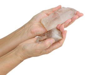 Female holding and offering large terminated quartz wand in each hand one pointing inwards one pointing outwards transparent png file