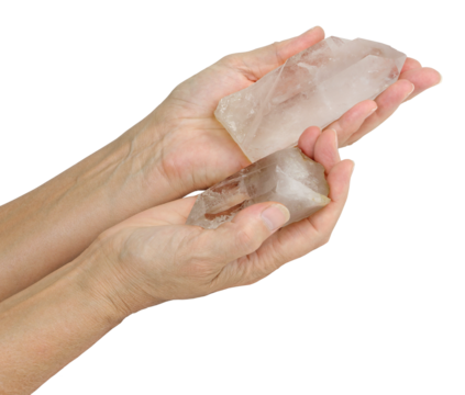 Female holding and offering large terminated quartz wand in each hand one pointing inwards one pointing outwards transparent png file