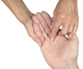Female Palm Reader holding a man's open palm hand pointing to the Heart Line giving a palm reading transparent png file