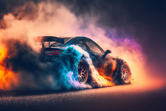 Car drifting image diffusion race drift car with lots of smoke from burning  tires on speed track Stock Illustration, drift car 