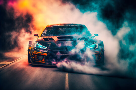 Car drifting image diffusion race drift car with lots of smoke from burning tires on speed track
