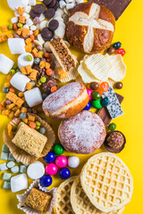 Assortment of Unhealthy Food, top view, copy space. Unhealthy eating, junk food concept.