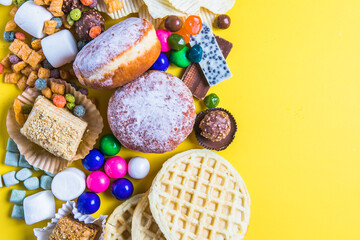 Assortment of Unhealthy Food, top view, copy space. Unhealthy eating, junk food concept.