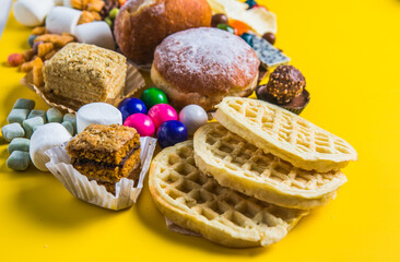 Assortment of Unhealthy Food, top view, copy space. Unhealthy eating, junk food concept.