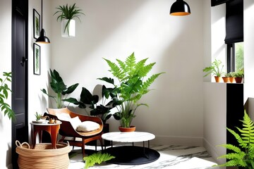Modern lit luxury interior with many potted plants and  sitting area with desk and plants and a couch and wood floor, windows with natural light rays and long shadows.