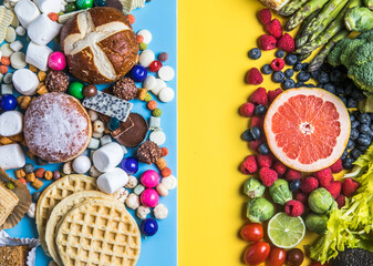 Healthy and unhealthy food concept. Fruit and vegetables vs sweet top view flat lay on rustic background