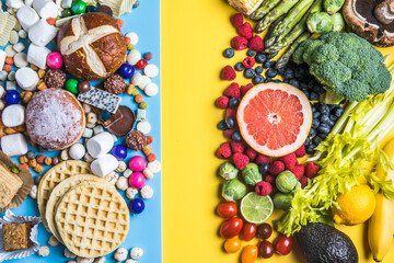 Healthy and unhealthy food concept. Fruit and vegetables vs sweet top view flat lay on rustic background