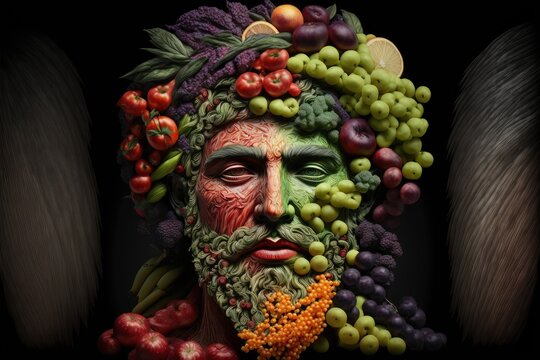 Portrait of a man, made with different vegetables and fruits, created with Generative AI technology.