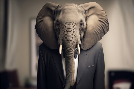 Portrait Of A Elephant Wearing A Formal Business Suit In Office, Generative Ai