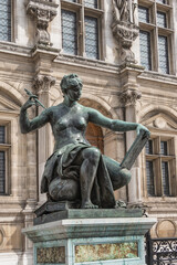 Architectural fragments of City Hall of Paris (Hotel de Ville de Paris) neo-renaissance style building - seat of the Paris City Council since 1357. Paris, France.