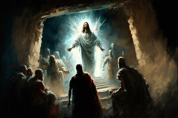 A digital painting of a religious scene depicting the resurrection of Jesus