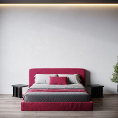 Bedroom in light tone white and viva magenta color trend 2023 year. Modern rich room interior home design and furniture. Empty wall microcement background.  Large pink berry velor bed . 3d render 
