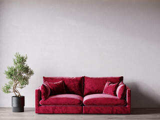 Viva magenta trend color year 2023 in luxury living lounge reception. Crimson red burgundy  pillow and maroon marsala accent sofa. Modern room design interior home. White microcement wall. 3d render 