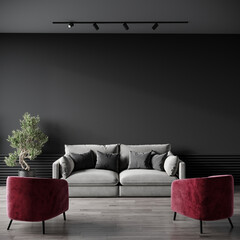 Lounge dark black wall and viva magenta 2023 color accents chair. Design in premium rich style living reception.  Modern interior design mockup - empty background for art. Minimalist room. 3d render 