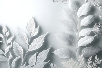 texture Floral nature background of white plant leaves and flower leaves on border, light gray and white watercolor painted leaf outlines in abstract illustration with soft texture, elegant pale ... V