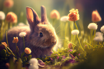 Fototapeta premium Hase mit Ostereiern im Blumenfeld - Generative Ai