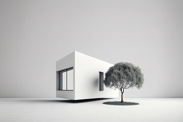 House render in white with tree over white background. Minimal Generative AI Illustration