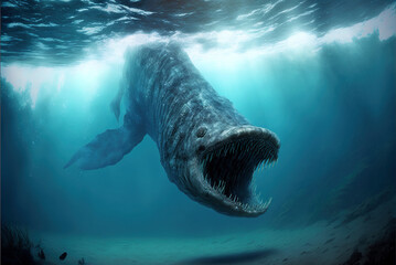 Sea monster open its mouth with teeth, fantasy underwater creature, generative AI - obrazy, fototapety, plakaty
