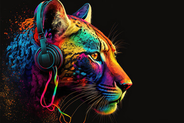 Colorful puma portrait listening to music with headphones. Generative AI Illustration