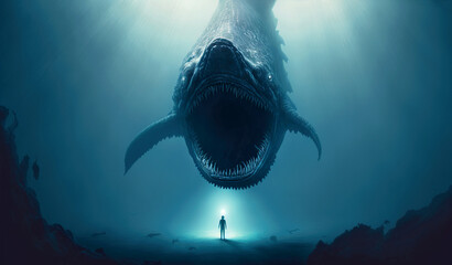 Sea monster attacks diver, fantasy underwater scene, generative AI - obrazy, fototapety, plakaty