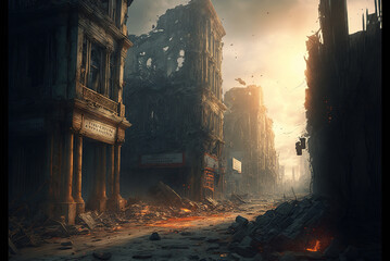 Apocalyptic view of destroyed city buildings, post apocalypse after world war, generative AI.