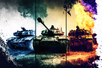 Triptych of different war tanks in watercolor effect. Generative AI Illustration