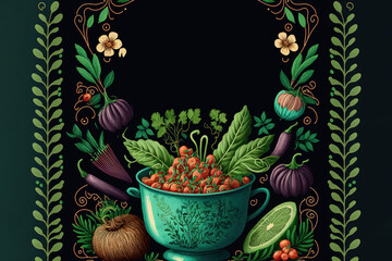Vegetarian Cookbook cover over dark background with space for text at the top. Generative AI Illustration