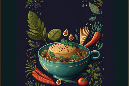Illustration cookbook cover with veggie soup.