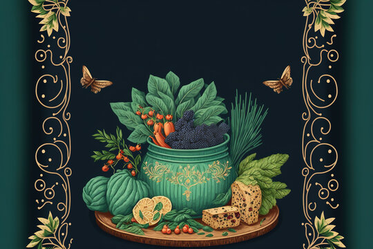 Cover of cookbook for organic veggie food. Copy space for text. Dark background. Generative AI