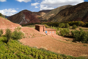 A small field and house near Abachkou in the M'Goun Massif, Central High Atlas, Morocco.