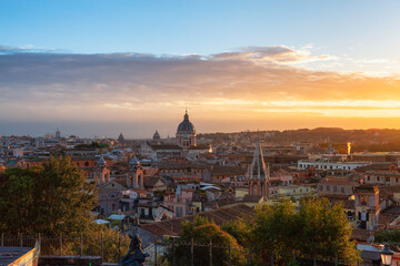 Ancient Historic City in Europe. Rome, Italy. Colorful Sunset Sky.