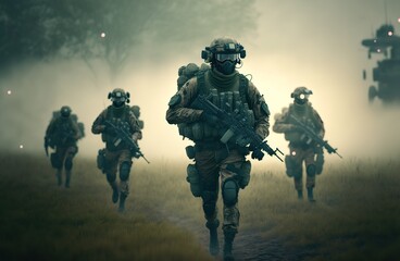 Fototapeta premium AI generated soldiers in action and smoke in the background (no real people - Game)