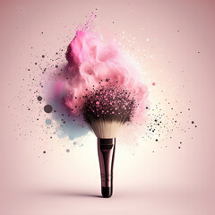 Soft cosmetics brush releasing a cloud of pink face powder. Generative AI