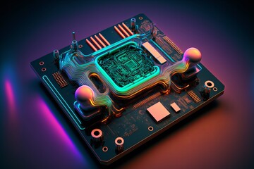Future Chip Hardware Device in Neon Colors -  Processor - Ai Generated