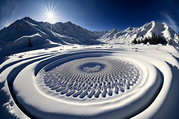 Snow covered mountain tops with a large Mandala drawn in the snow 