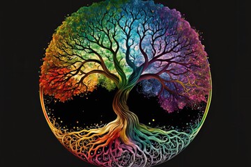 Fototapeta premium Tree of Life in the shape of the Moon - displayed as a rainbow in the Night - Ai Art