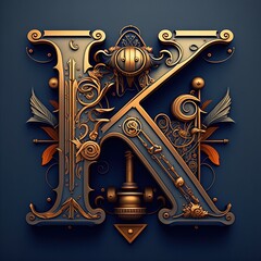 Capital letter K, steampunk alphabet in bronze metal and navy blue, AI generative.