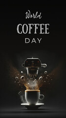 World coffee day, October 1.Coffee machine making cup of coffee. AI generative illustration, generated by AI. Coffee splash, Wallpaper for social media stories.