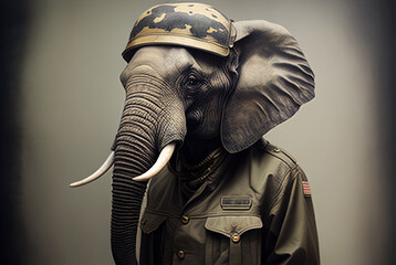 Portrait of a elephant in a military uniform ready to serve and protect, on a dark background, generative ai
