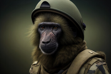 Portrait of a baboon in a military uniform ready serve and protect, on a dark background, generative ai